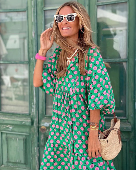 Vestido de Verano Largo Estampado Boho con Manga Abullonada