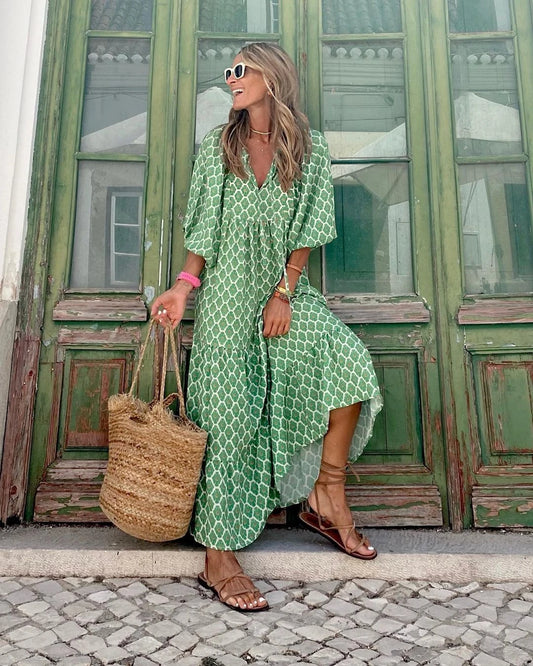 Vestido de Verano Largo Estampado Boho con Manga Abullonada