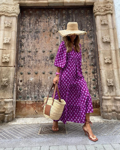 Vestido de Verano Largo Estampado Boho con Manga Abullonada