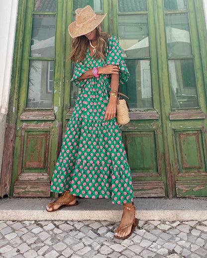 Vestido de Verano Largo Estampado Boho con Manga Abullonada