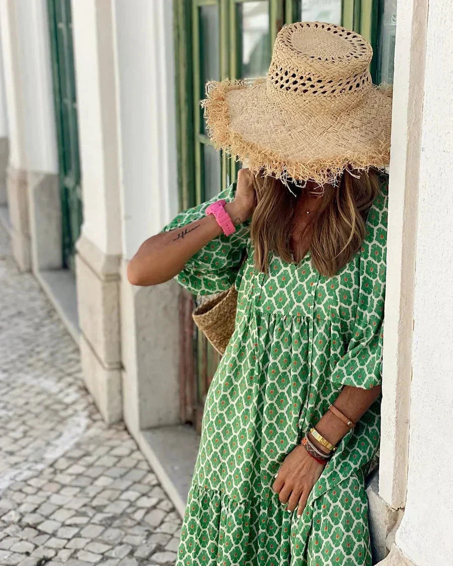 Vestido de Verano Largo Estampado Boho con Manga Abullonada