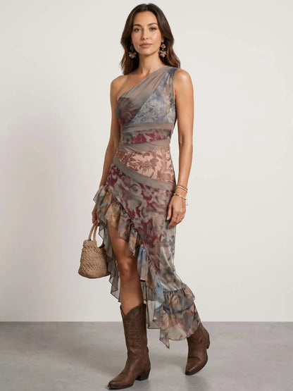 Vestido de Verano Largo Estampado Boho con Volantes