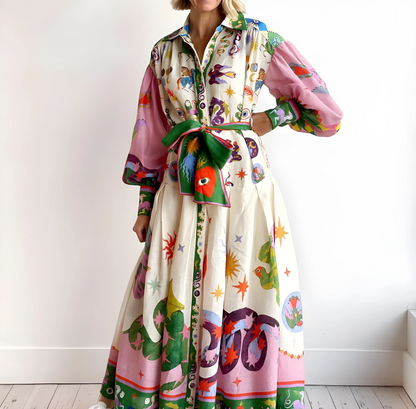 Vestido de Verano Largo Estampado Elegante con Manga Larga