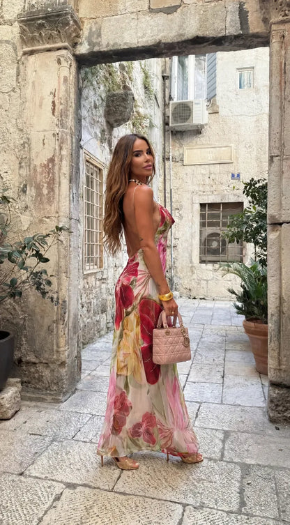 Vestido de Verano Largo Floral con Espalda Descubierta