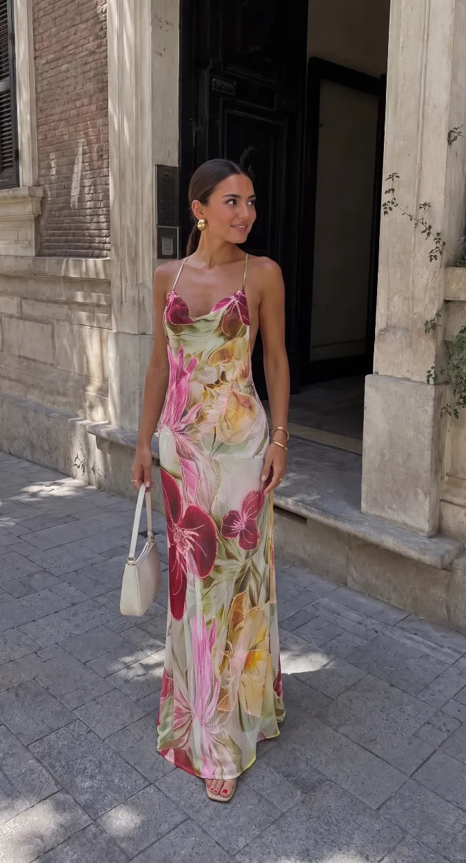 Vestido de Verano Largo Floral con Espalda Descubierta