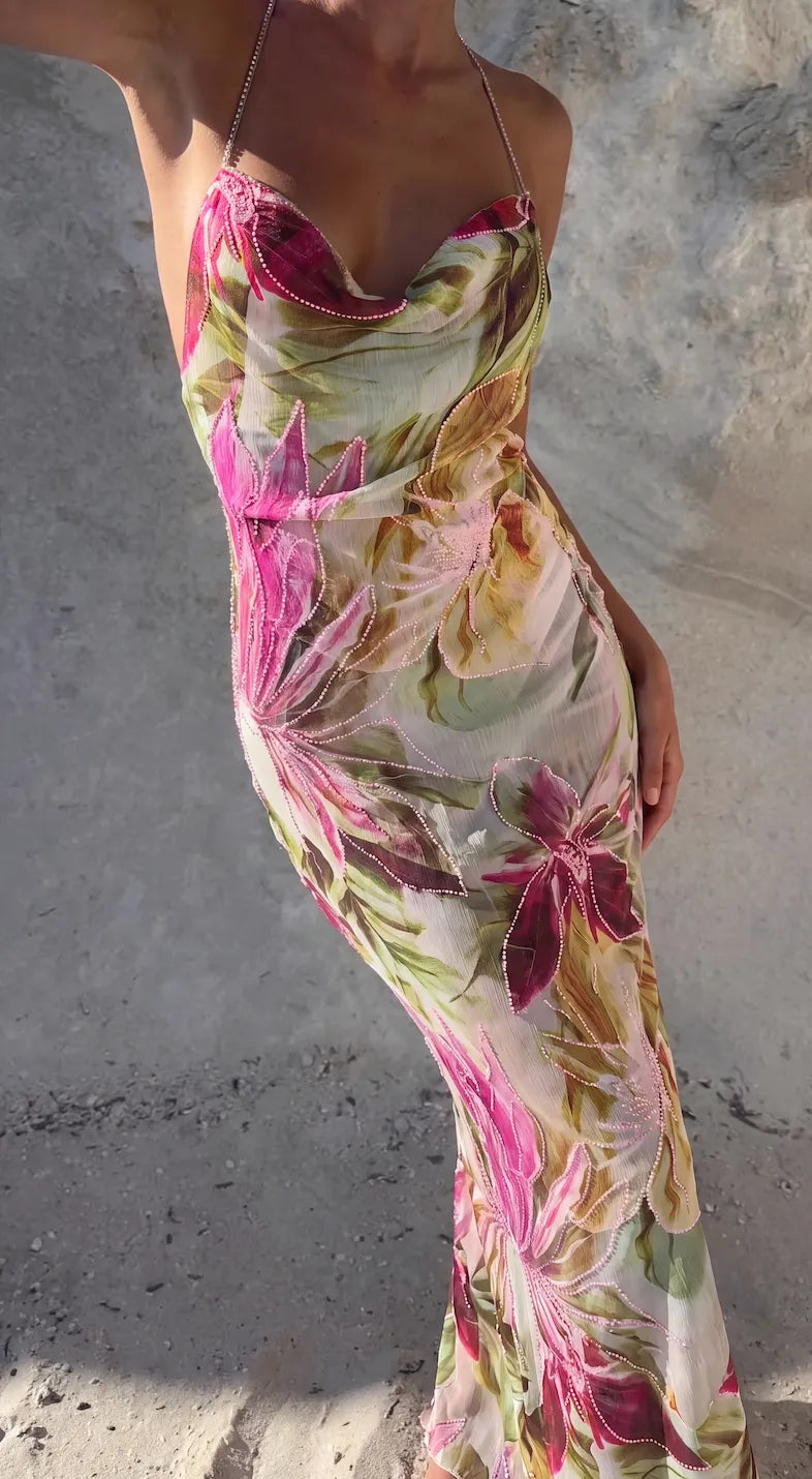 Vestido de Verano Largo Floral con Espalda Descubierta