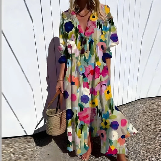 Vestido de Verano Largo Flores Boho con Manga Larga