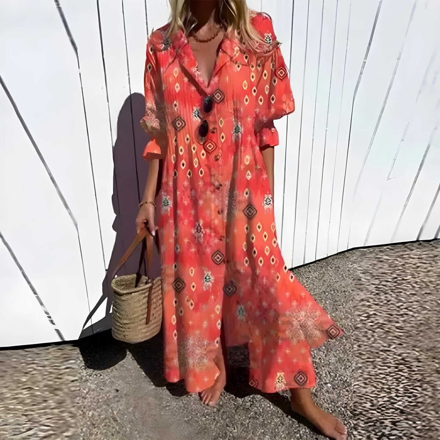 Vestido de Verano Largo Flores Boho con Manga Larga