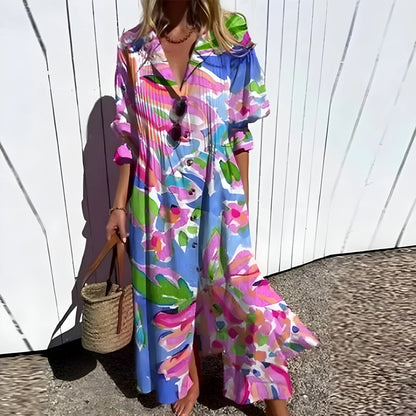 Vestido de Verano Largo Flores Boho con Manga Larga