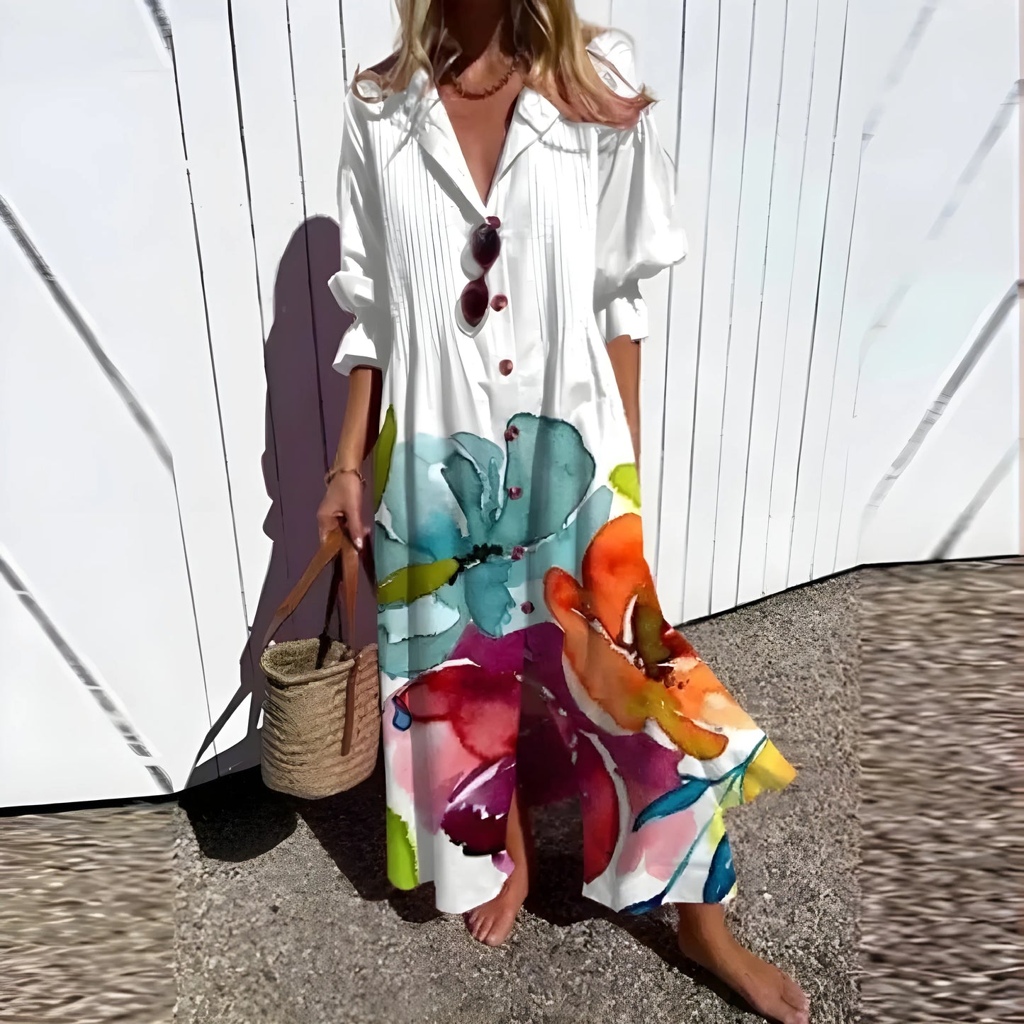 Vestido de Verano Largo Flores Boho con Manga Larga