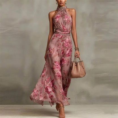Vestido de Verano Largo Flores Elegante con Cuello Halter
