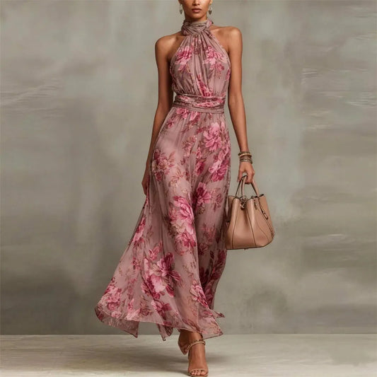 Vestido de Verano Largo Flores Elegante con Cuello Halter
