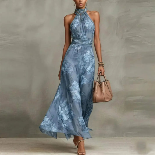 Vestido de Verano Largo Flores Elegante con Cuello Halter