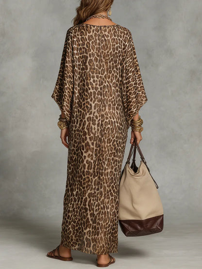 Vestido de Verano Largo Leopardo Boho con Detalle Fruncido