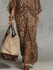 Vestido de Verano Largo Leopardo Boho con Detalle Fruncido