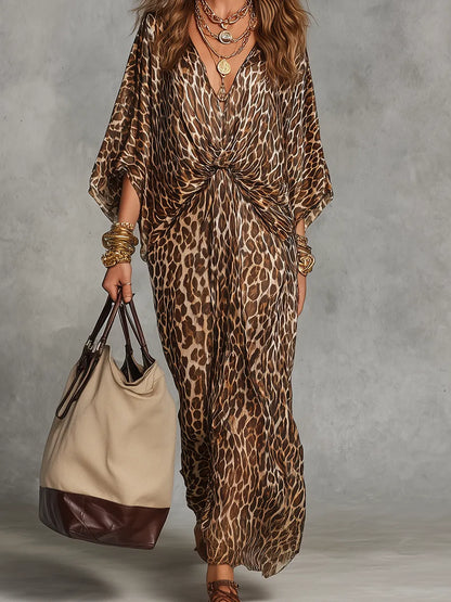 Vestido de Verano Largo Leopardo Boho con Detalle Fruncido