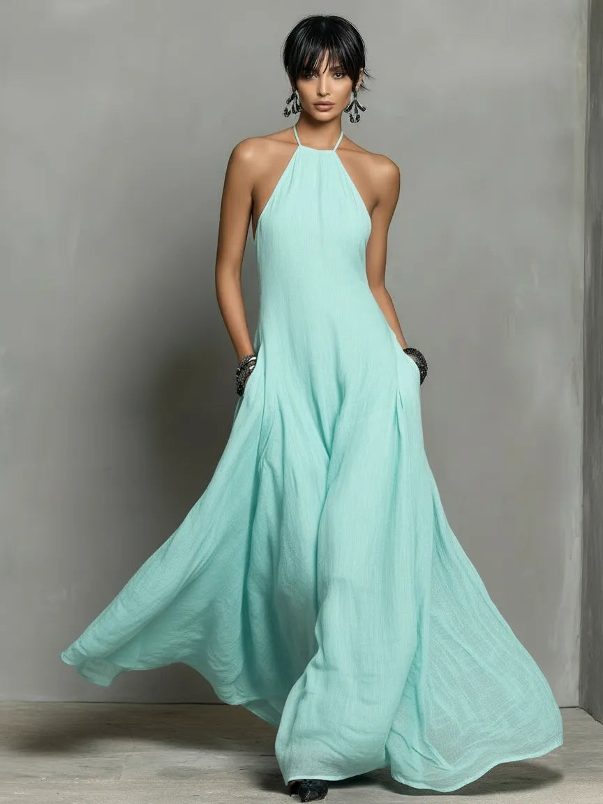 Vestido de Verano Largo Minimalista con Cuello Halter y Espalda Descubierta