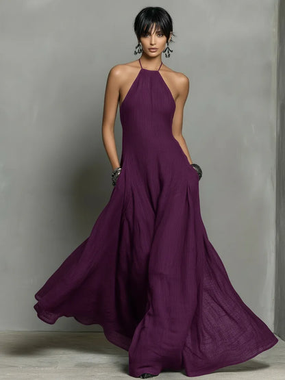 Vestido de Verano Largo Minimalista con Cuello Halter y Espalda Descubierta