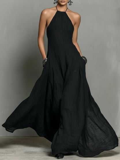 Vestido de Verano Largo Minimalista con Cuello Halter y Espalda Descubierta