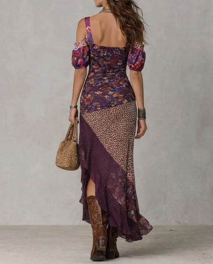 Vestido de Verano Largo Morado Boho con Hombros Descubiertos