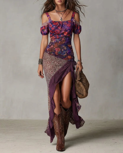 Vestido de Verano Largo Morado Boho con Hombros Descubiertos