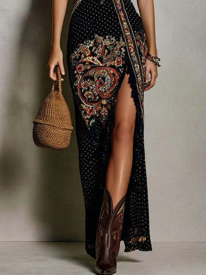 Vestido de Verano Largo Negro Boho con Abertura Alta