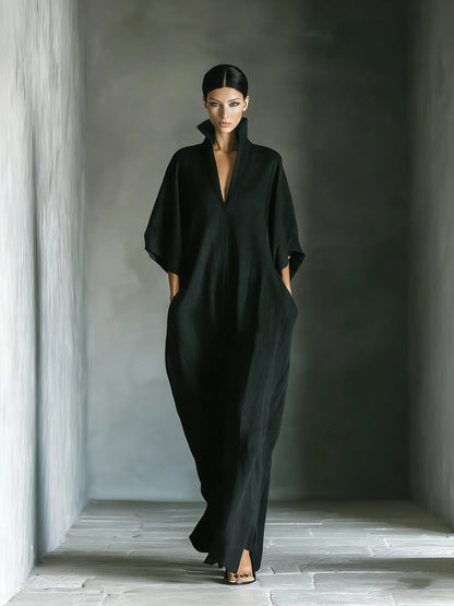 Vestido de Verano Largo Negro Elegante con Manga Kimono