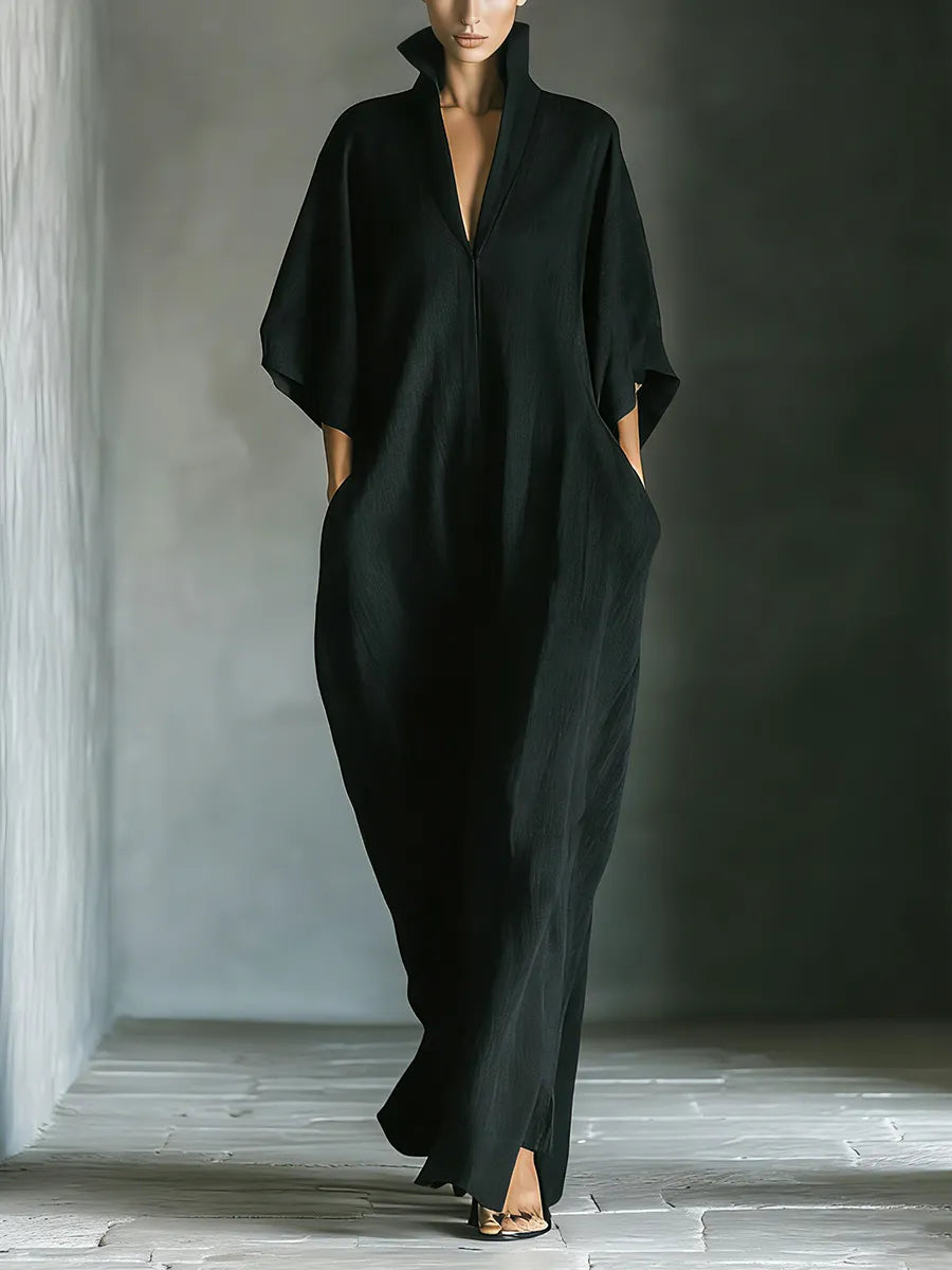 Vestido de Verano Largo Negro Elegante con Manga Kimono