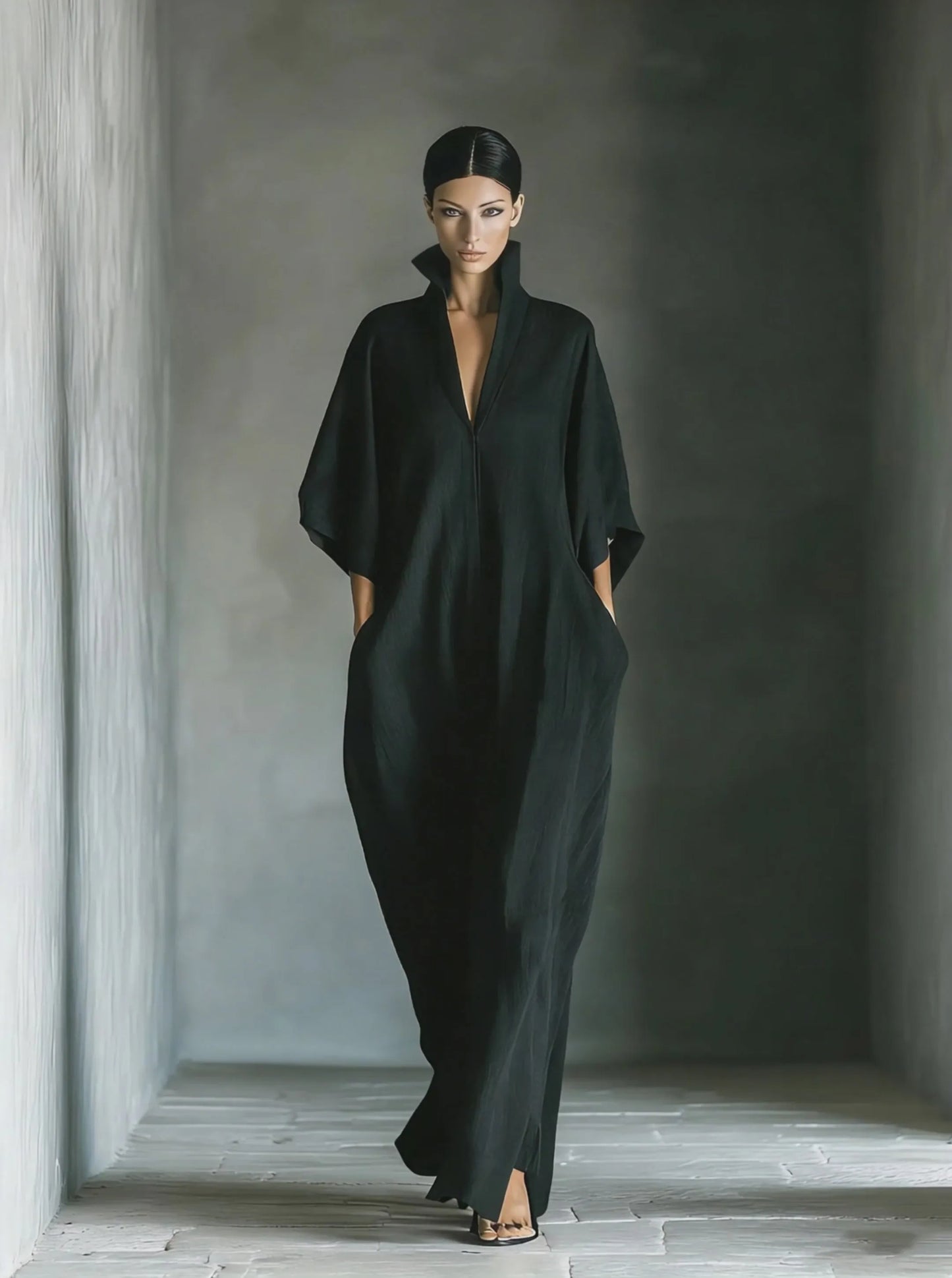 Vestido de Verano Largo Negro Elegante con Manga Kimono
