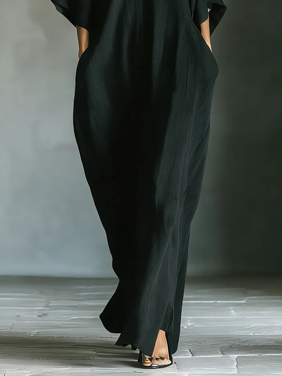 Vestido de Verano Largo Negro Elegante con Manga Kimono