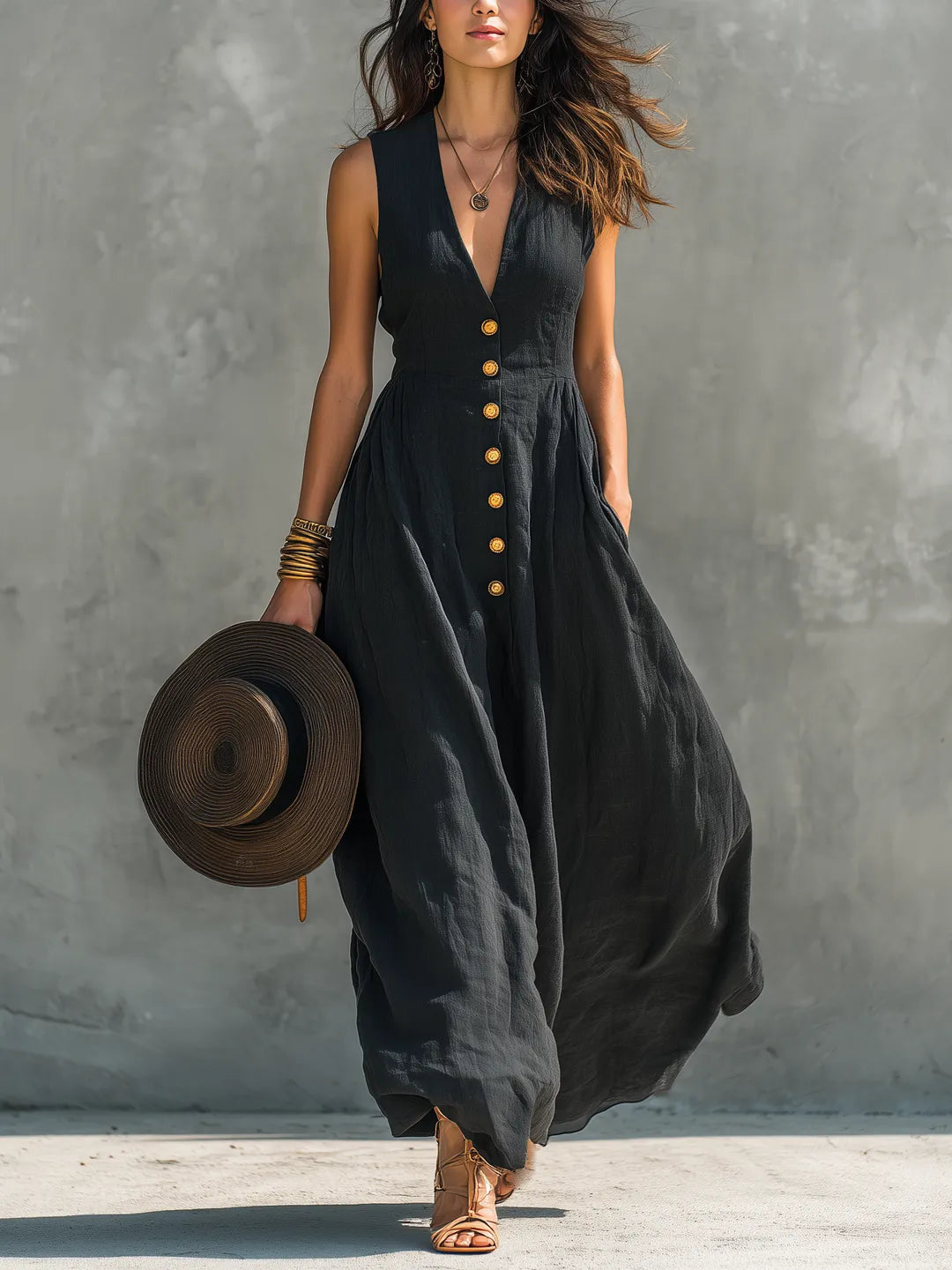 Vestido de Verano Largo Negro Elegante con Tirantes