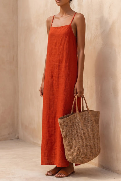 Vestido de Verano Largo Rojo Boho con Tirantes