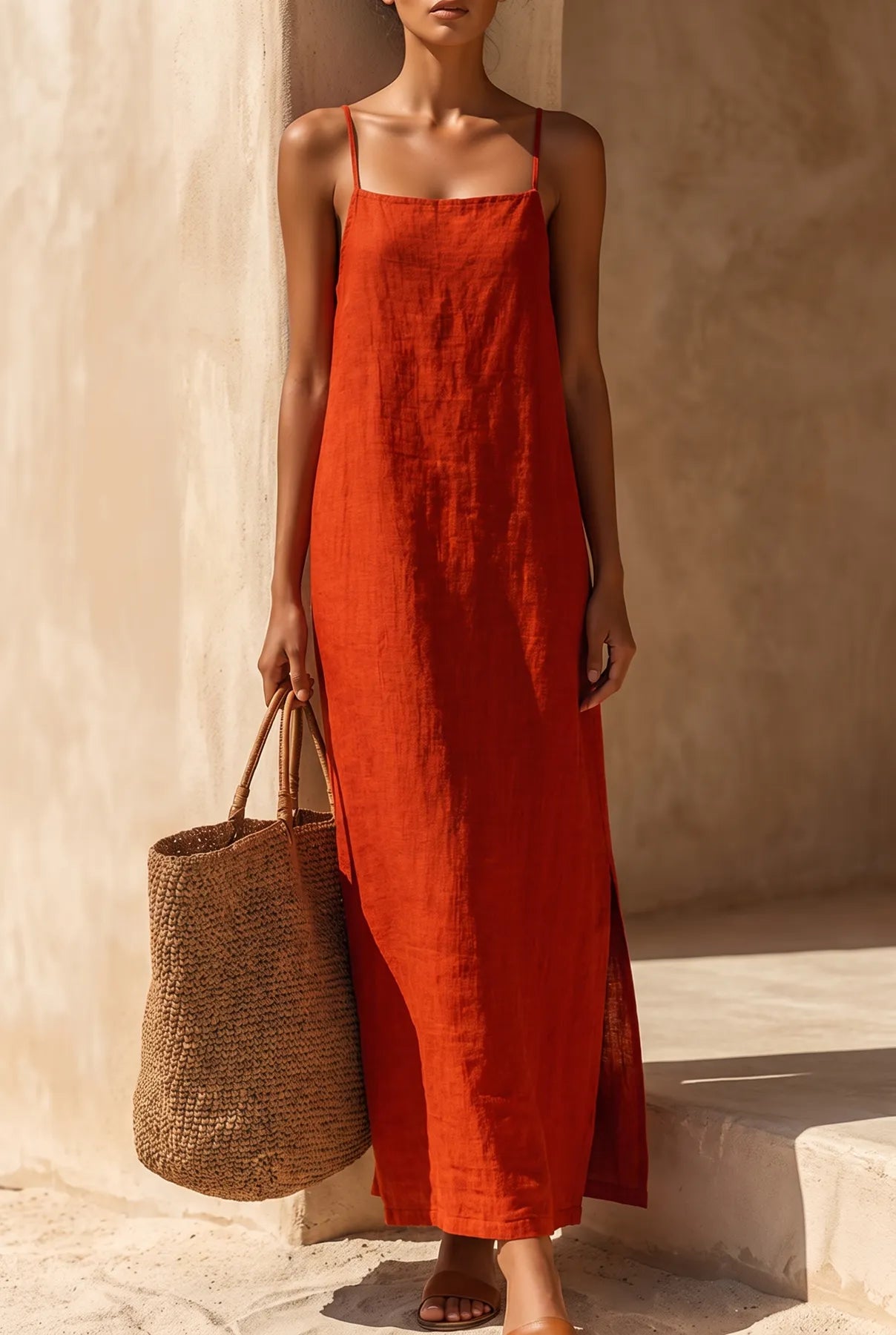 Vestido de Verano Largo Rojo Boho con Tirantes