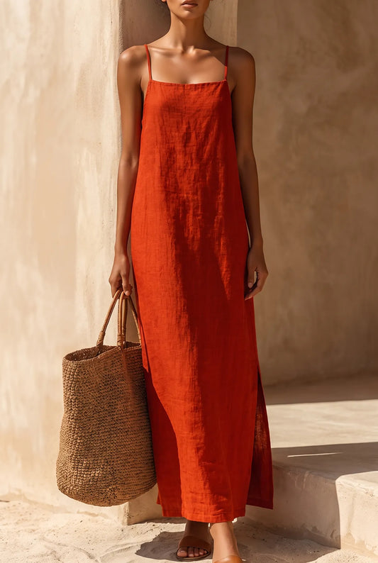 Vestido de Verano Largo Rojo Boho con Tirantes