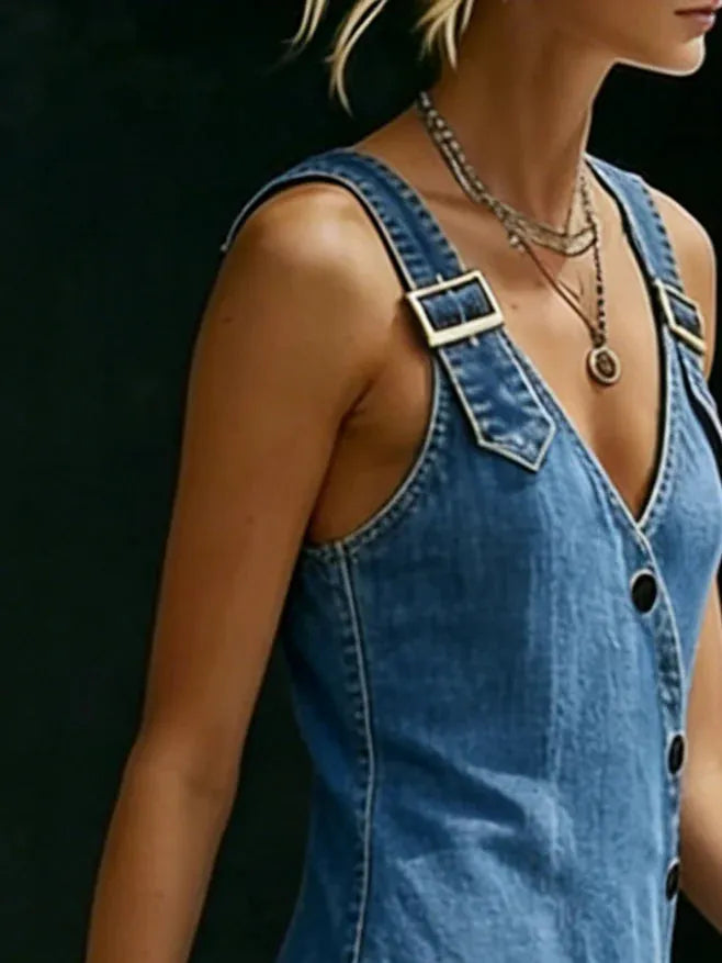Vestido de Verano Largo Vaquero Botones con Tirantes