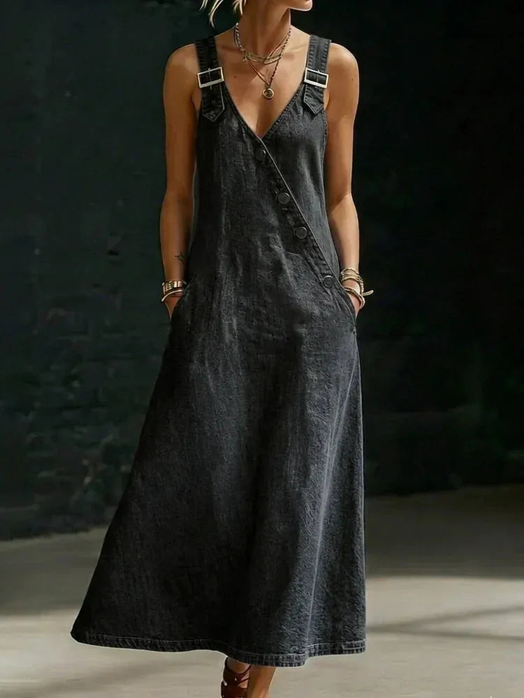 Vestido de Verano Largo Vaquero Botones con Tirantes