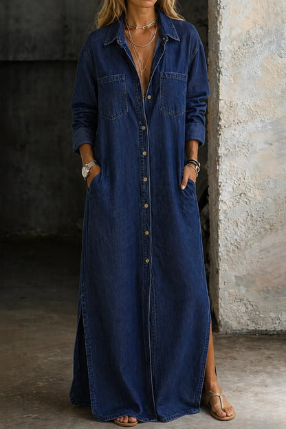 Vestido de Verano Largo Vaquero Camisero Manga Larga con Bolsillos