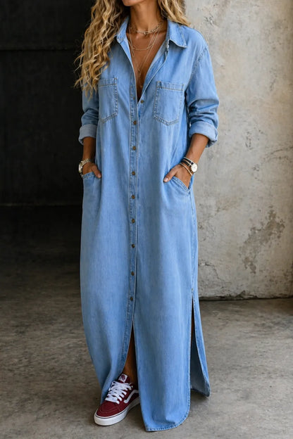 Vestido de Verano Largo Vaquero Camisero Manga Larga con Bolsillos