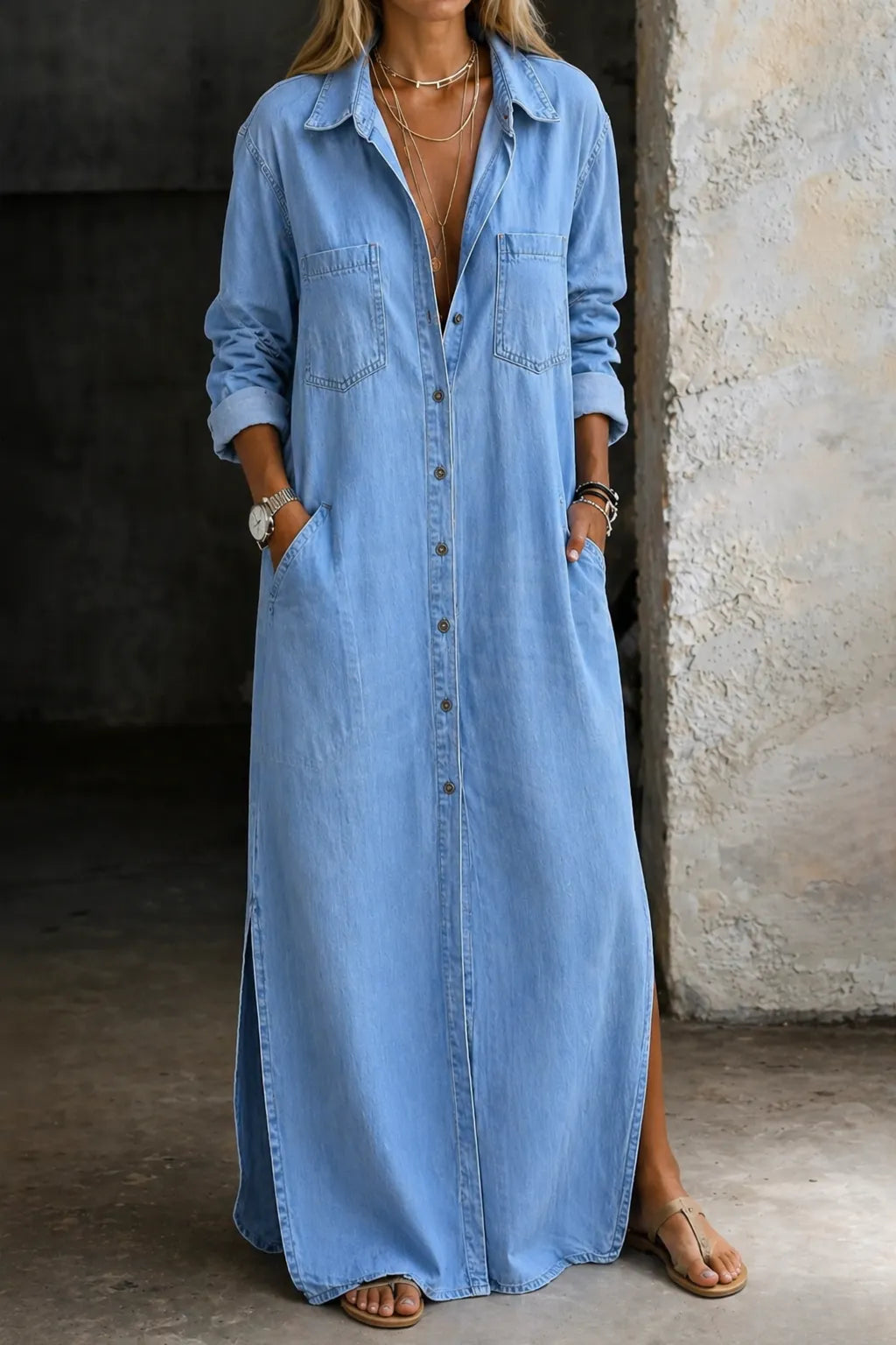 Vestido de Verano Largo Vaquero Camisero Manga Larga con Bolsillos