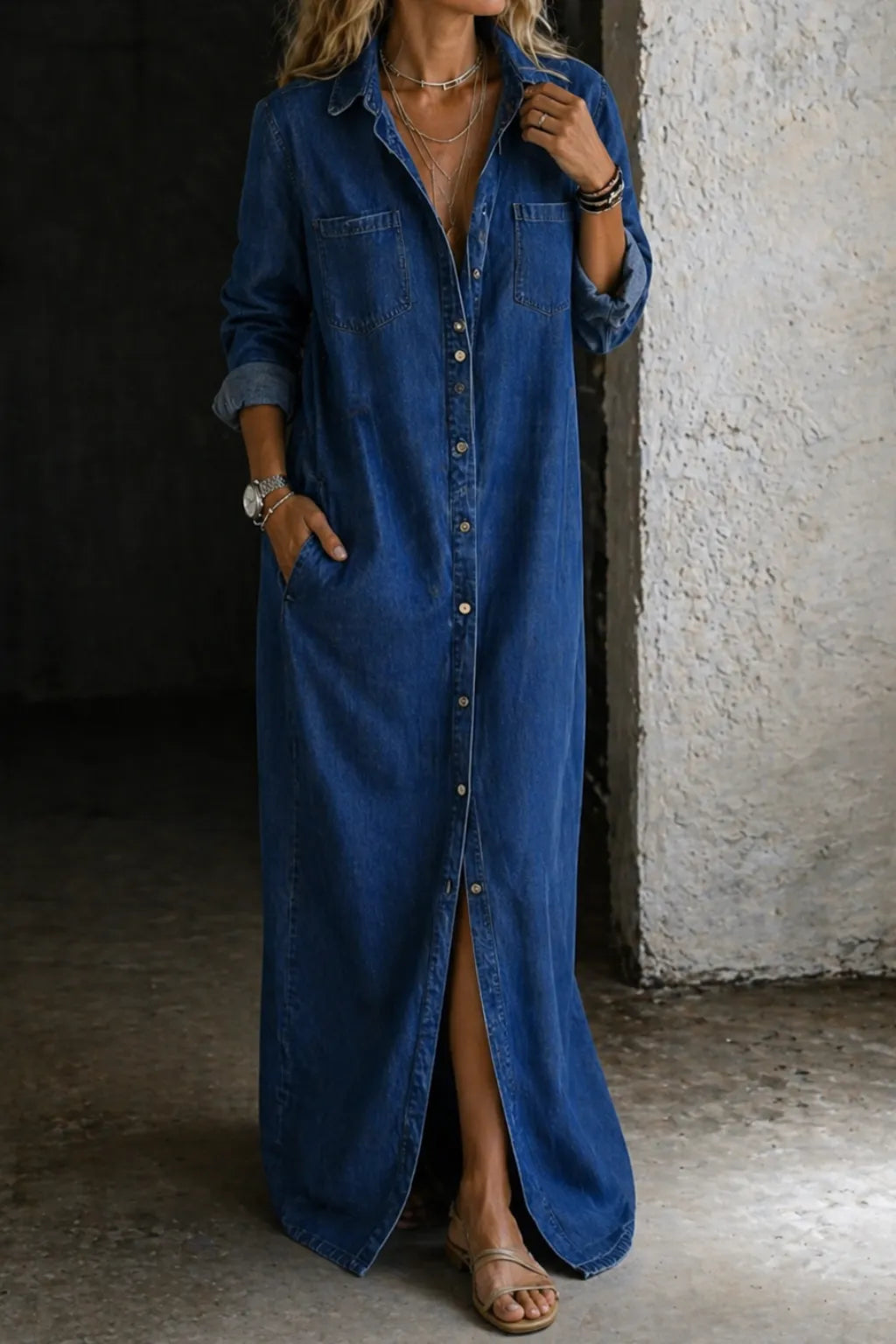 Vestido de Verano Largo Vaquero Camisero Manga Larga con Bolsillos