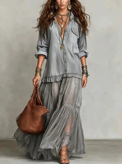 Vestido de Verano Largo Vaquero con Manga Larga
