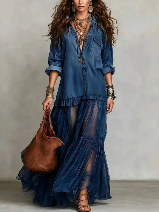 Vestido de Verano Largo Vaquero con Manga Larga