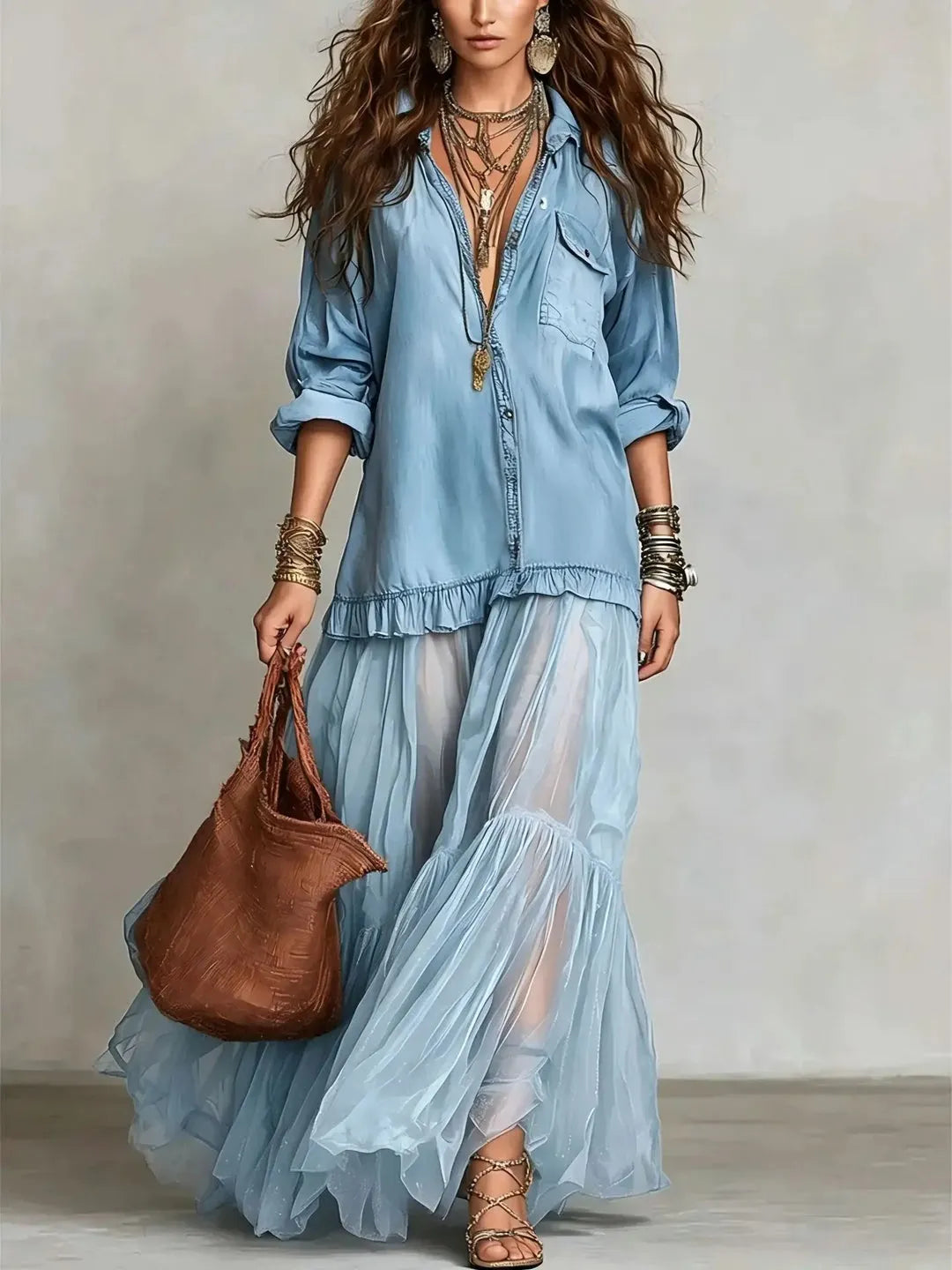 Vestido de Verano Largo Vaquero con Manga Larga