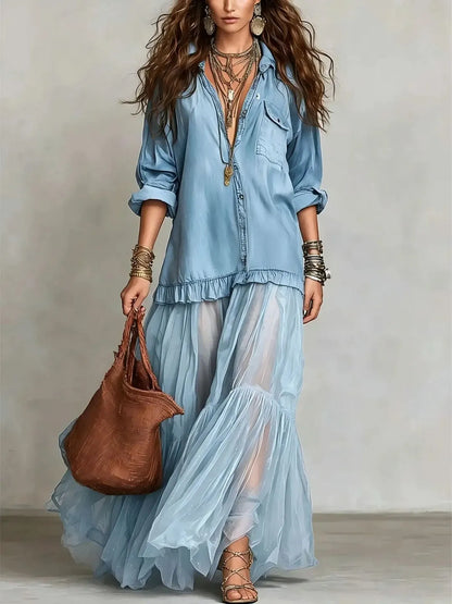 Vestido de Verano Largo Vaquero con Manga Larga