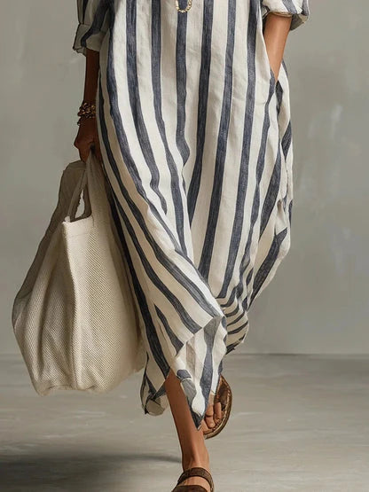 Vestido de Verano Largo a Rayas Boho con Escote en Pico