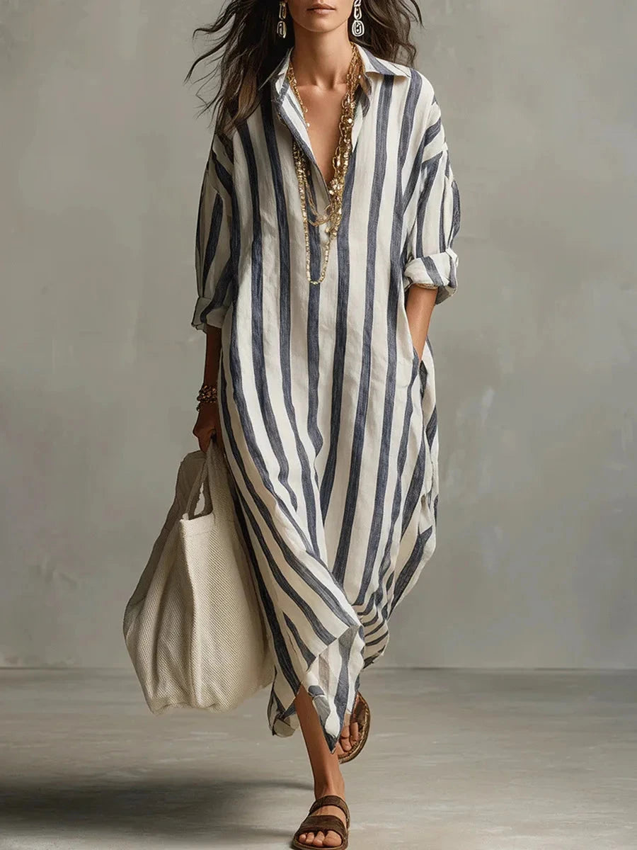 Vestido de Verano Largo a Rayas Boho con Escote en Pico