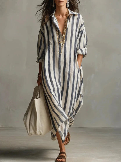 Vestido de Verano Largo a Rayas Boho con Escote en Pico