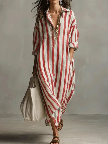Vestido de Verano Largo a Rayas Boho con Escote en Pico