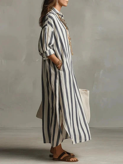 Vestido de Verano Largo a Rayas Boho con Escote en Pico