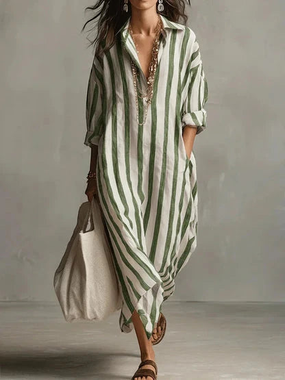 Vestido de Verano Largo a Rayas Boho con Escote en Pico